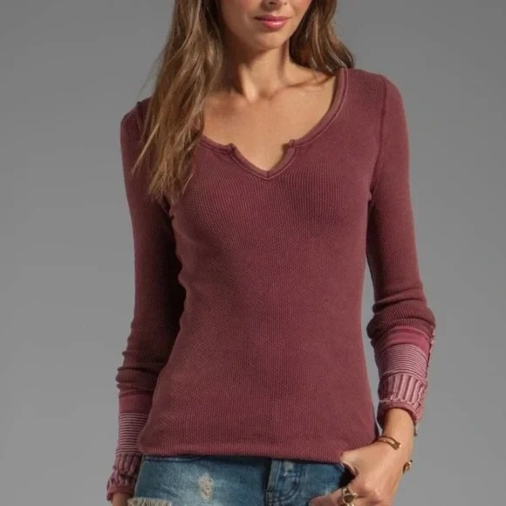 Free People Kyoto Cuff Thermal Top Womens Small Burgundy V-Neck Long Sleeve Cozy